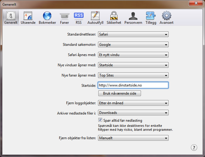 sette som startside Safari 2